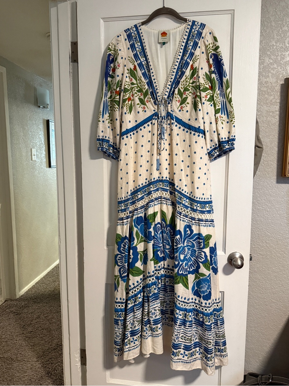 FARM Rio Cream Midi Dress with Blue & Green Botanical Print - Picture 2 of 15
